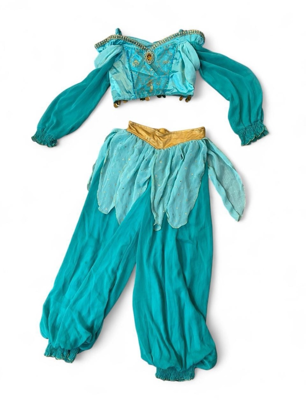 Official Teal and gold Disney Jasmine costume with gold floral embroidery